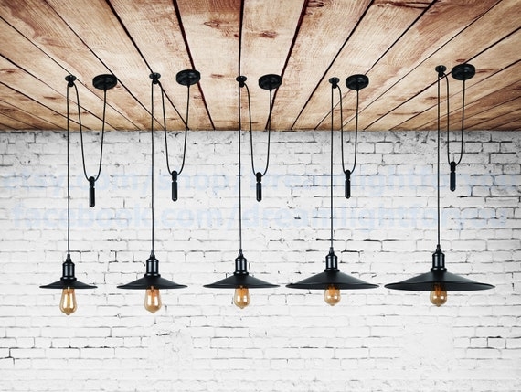 Pendant Light Pulley Mechanism Wire Cage Distressed Wood Rustic