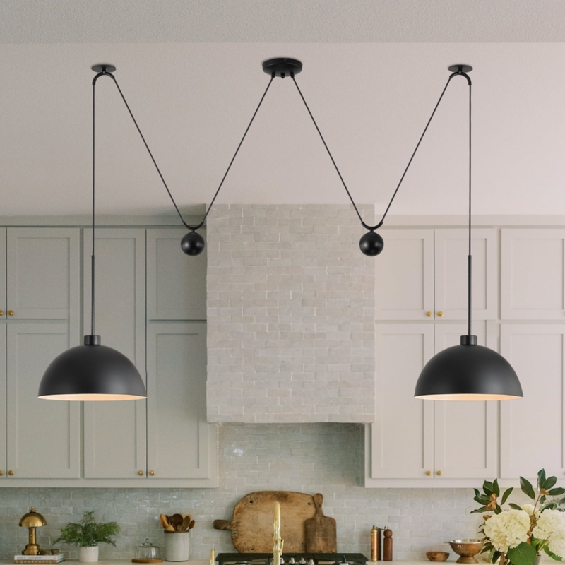 Pendant Light Pulley System Adjustable Height Cone Shades Brass Interior