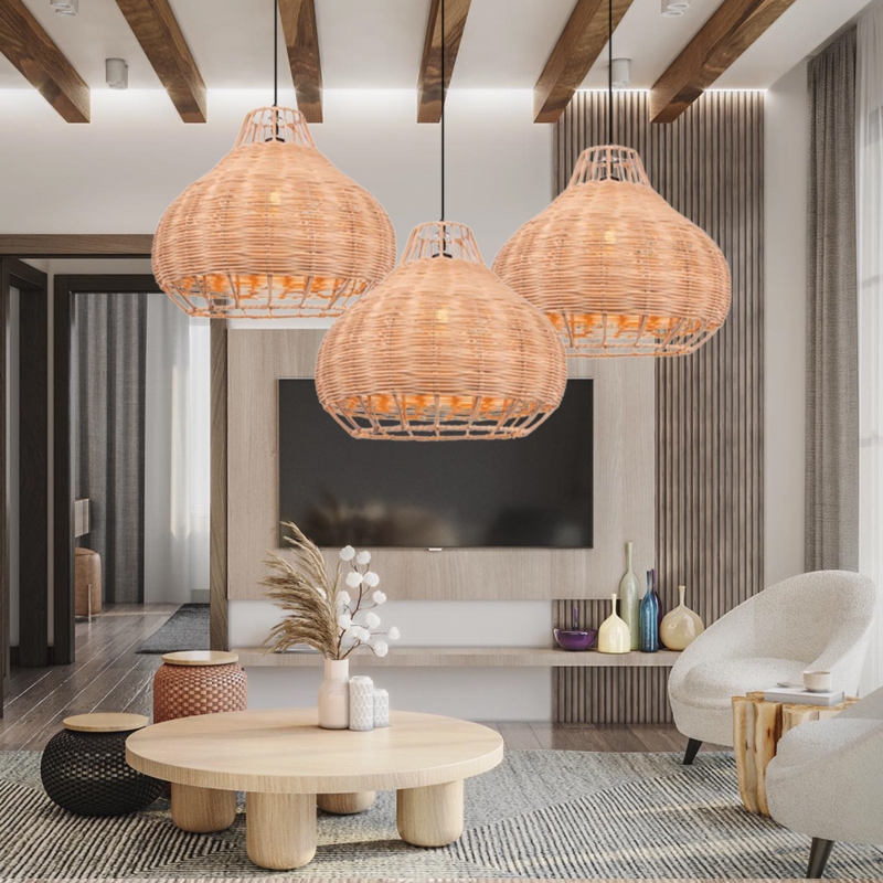 Pendant Light Rattan Dome Shade Hand Woven Bohemian Style Natural