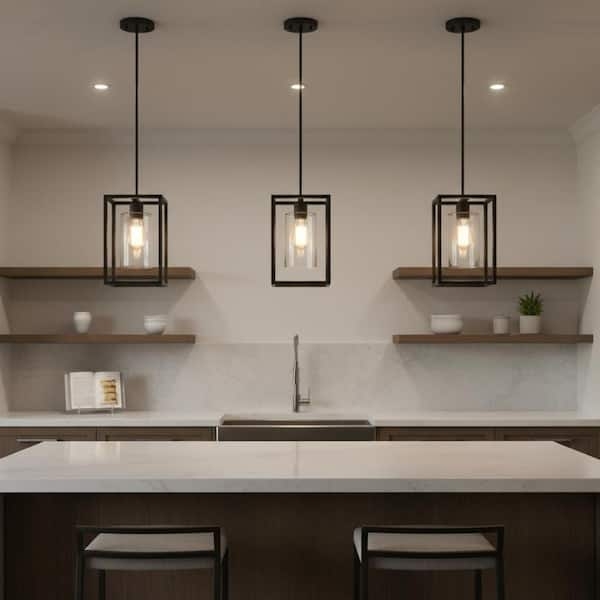 Pendant Light Rectangular Frame Matte Black Clear Glass Farmhouse