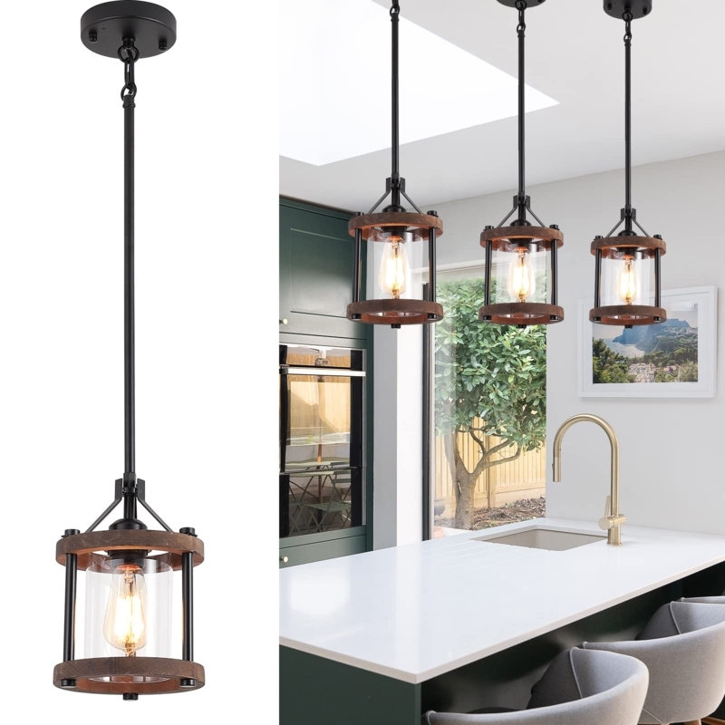 Pendant Light Rectangular Frame Wood and Black Metal Kitchen Island