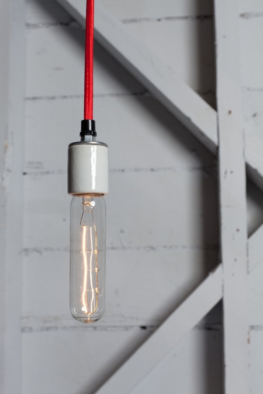 Pendant Light Red Fabric Cord Brass Socket Exposed Bulb Minimalist