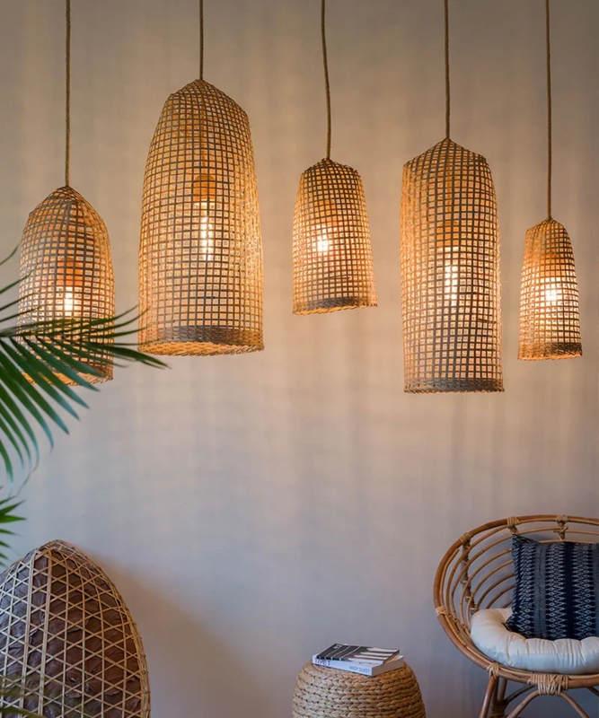 Pendant Light Repurposed Bamboo Basket Weave Tapered Shade