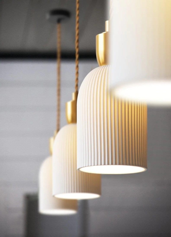 Pendant Light Ribbed Ceramic Shade Matte Black Brass Accent Art Deco