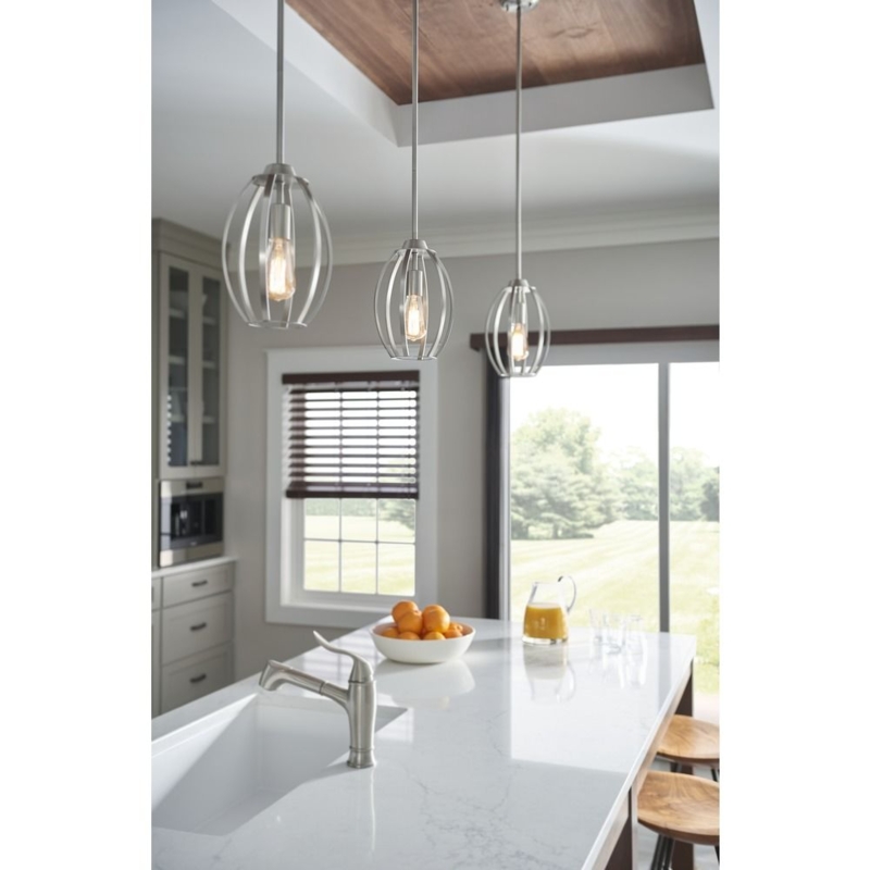 Pendant Light Ribbed Glass Shade Brushed Nickel Transitional Cylindrical
