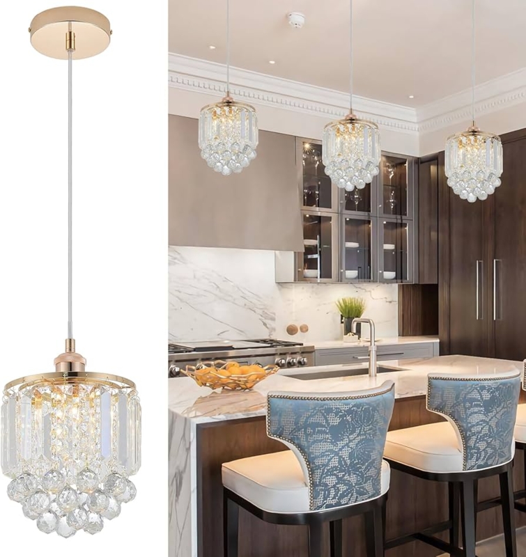 Pendant Light, Rose Gold Crystal Cylindrical, Glam Kitchen Island Lighting