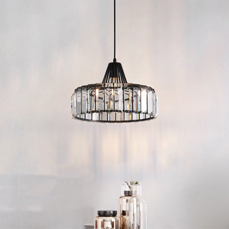 Pendant Light: Round Iron Frame, Crystal Prisms, Modern Transitional