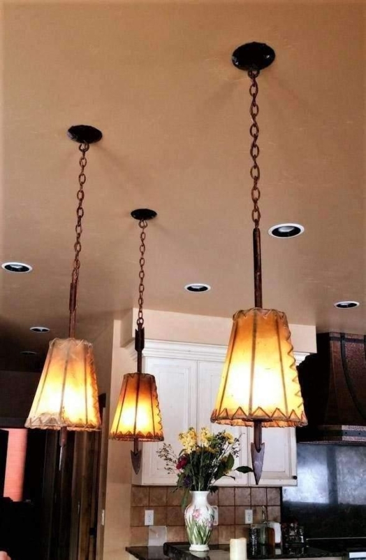 Pendant Light Rustic Arrow Shaped Rod Stitched Rawhide Shade