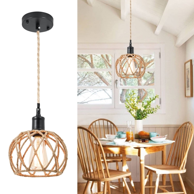 Pendant Light: Rustic Industrial Cage Form Woven Rattan