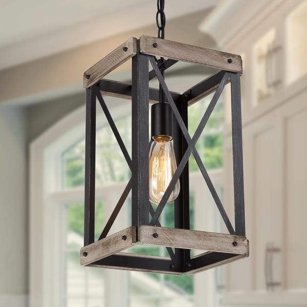 Pendant Light Rustic Wood Toned Open Cage Lantern Silhouette