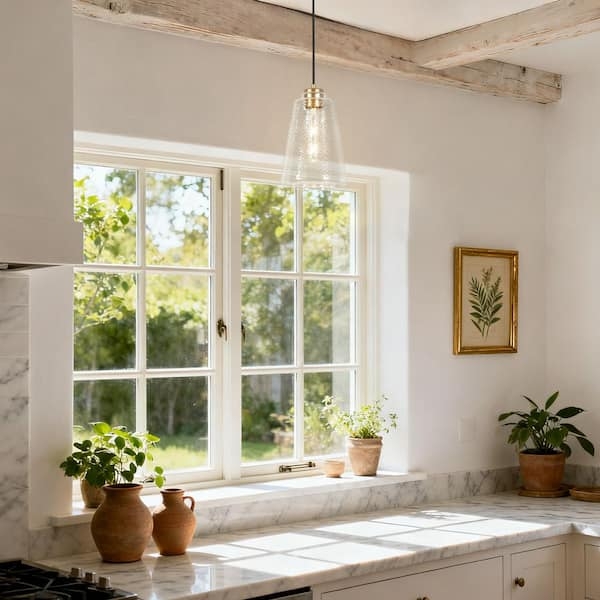 Pendant Light Satin Gold Hammered Glass Bell Shade Textured Glass