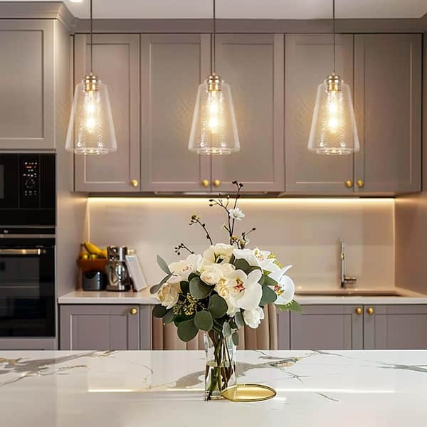 Pendant Light Satin Gold Hammered Glass Teardrop Shade Modern Glam