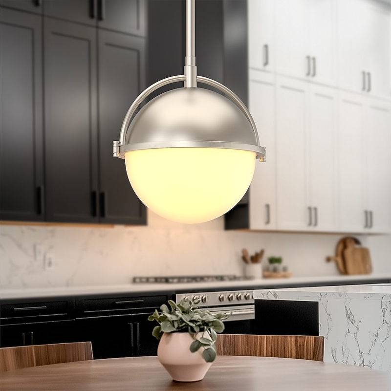 Pendant Light Satin Nickel Finish Milk Frosted Glass Drum