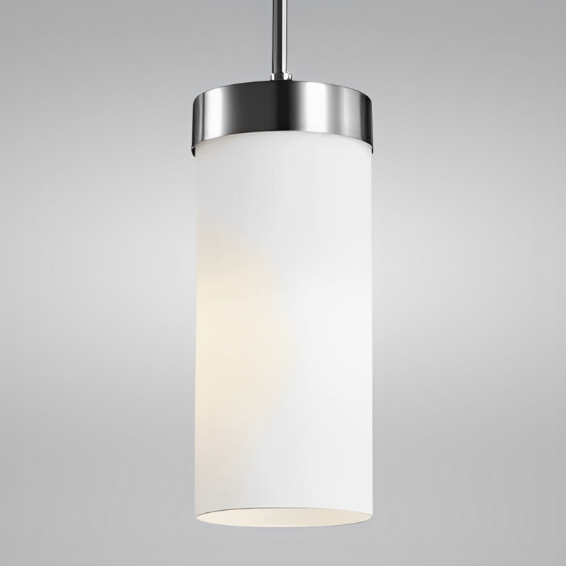 Pendant Light, Satin Nickel Finish with Opal White Glass Cylinder