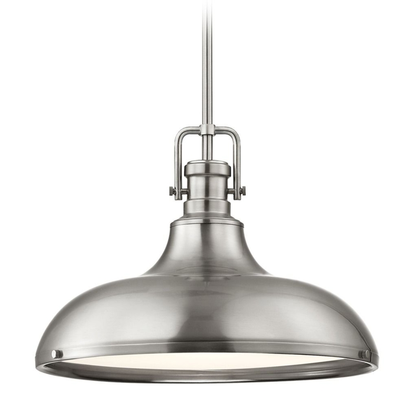 Pendant Light Satin Nickel Wide Dome Ribbed Glass Industrial Nautical