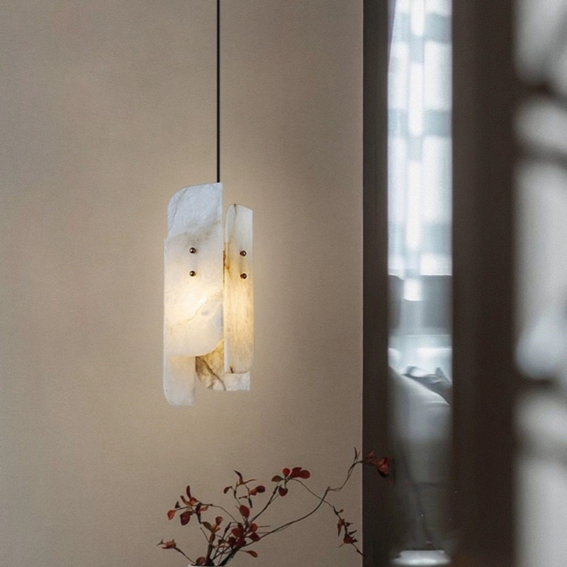 Pendant Light, Scandinavian Alabaster Stone-Like Shade with Brass Rod