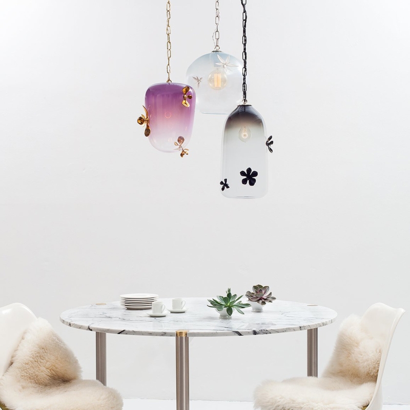 Pendant Light Sculptural Brass Spherical Stem Frosted Glass