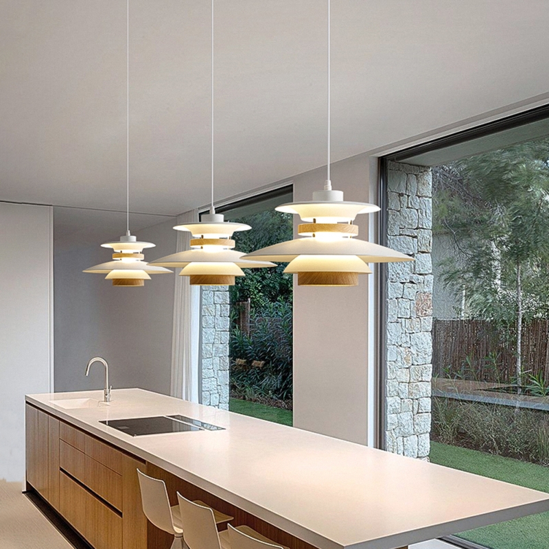 Pendant Light Sculptural Tiered Wooden Shade Mid-Century Modern