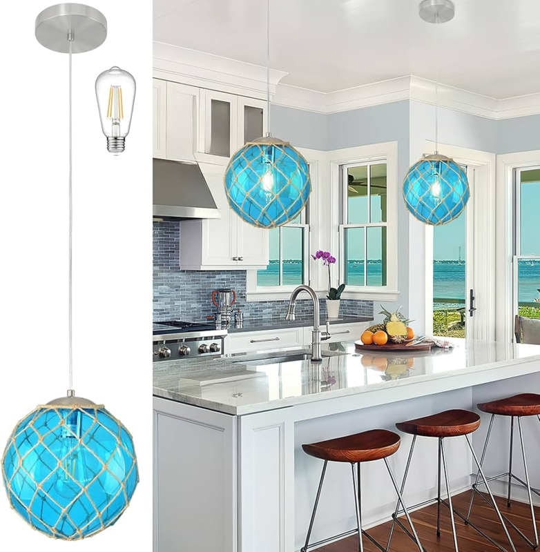 Pendant Light Sea Tinted Glass Globe with Hemp Rope Cord Coastal Style