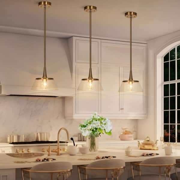 Pendant Light: Seeded Glass Bell Shade, Electroplated Gold Finish