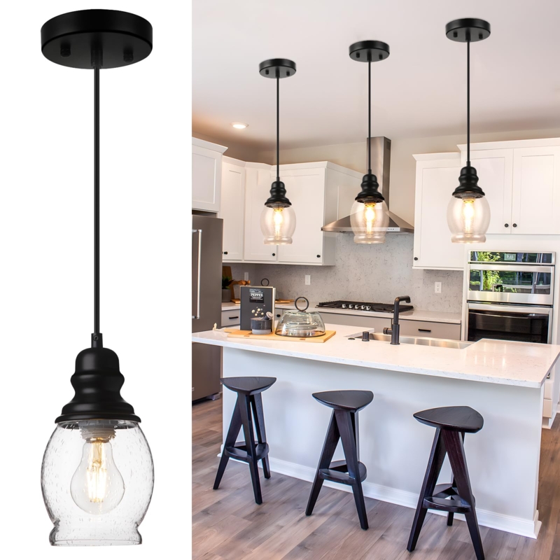 Pendant Light: Seeded Glass Bell Shape, Matte Black, Farmhouse