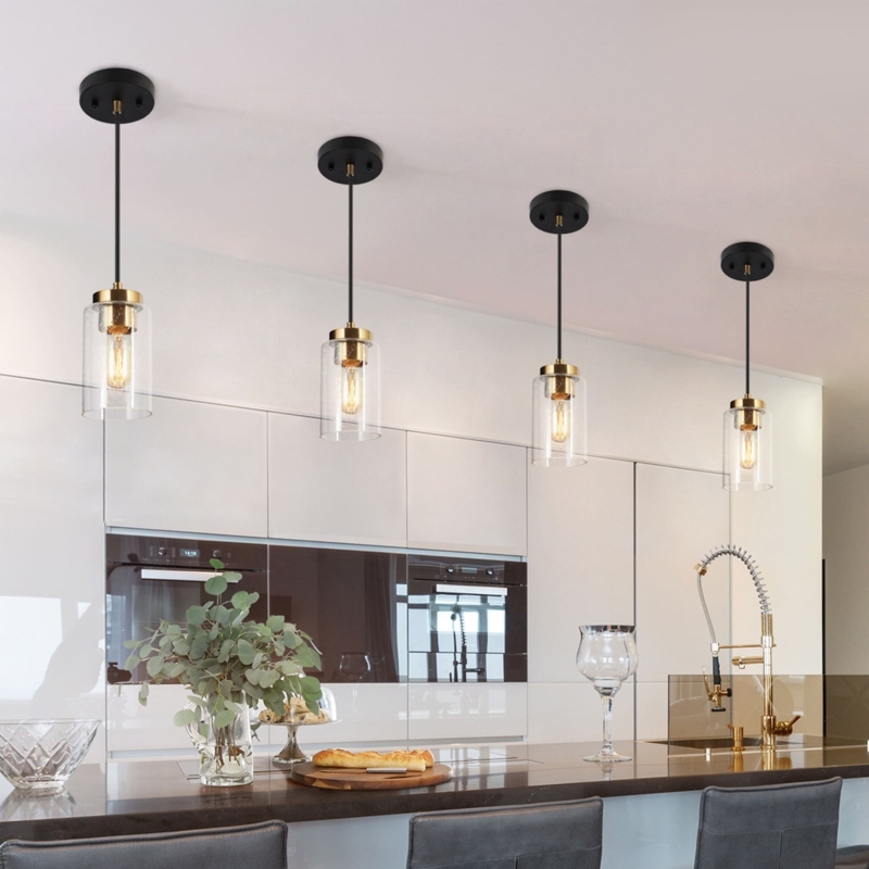 Pendant Light: Seeded Glass Cylinder, Brushed Gold. Modern Farmhouse Lighting.