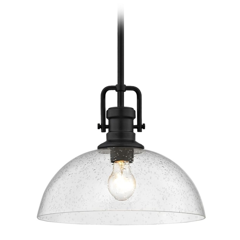 Pendant Light: Seeded Glass Dome Shade, Matte Black Frame, Industrial