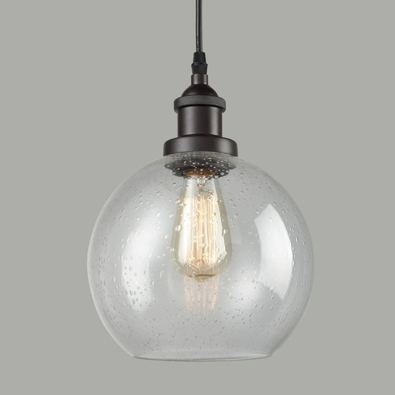 Pendant Light: Seeded Glass Globe Shade, Bronze Finish, Edison Bulb