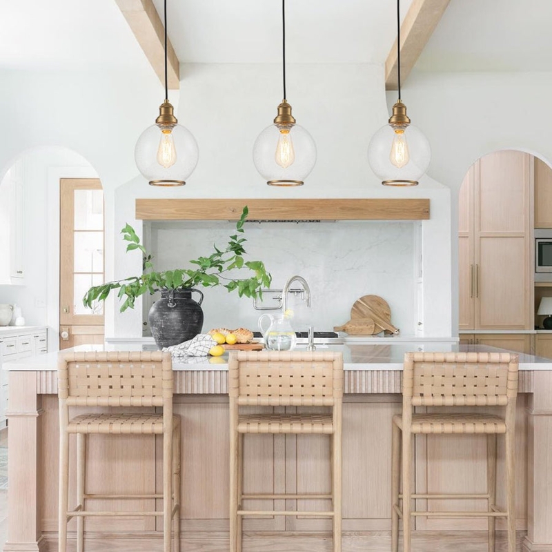 Pendant Light: Seeded Glass Globe, Warm Brass Hardware, Farmhouse