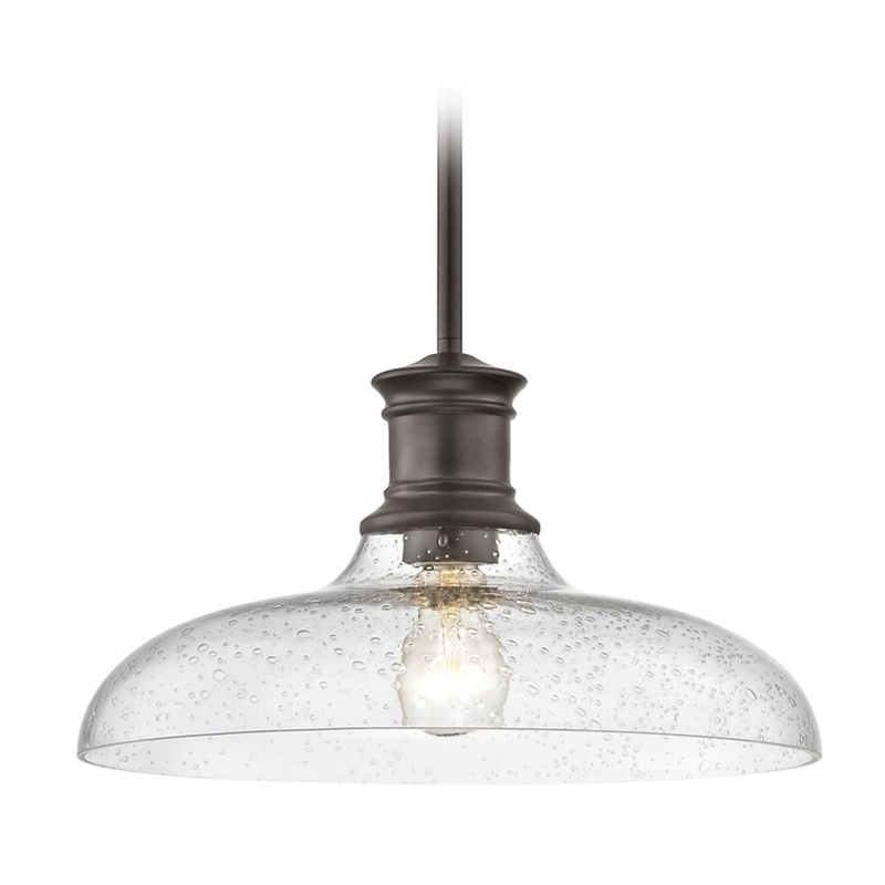 Pendant Light: Seeded Glass Insert, Bronze Metal Cage, Industrial