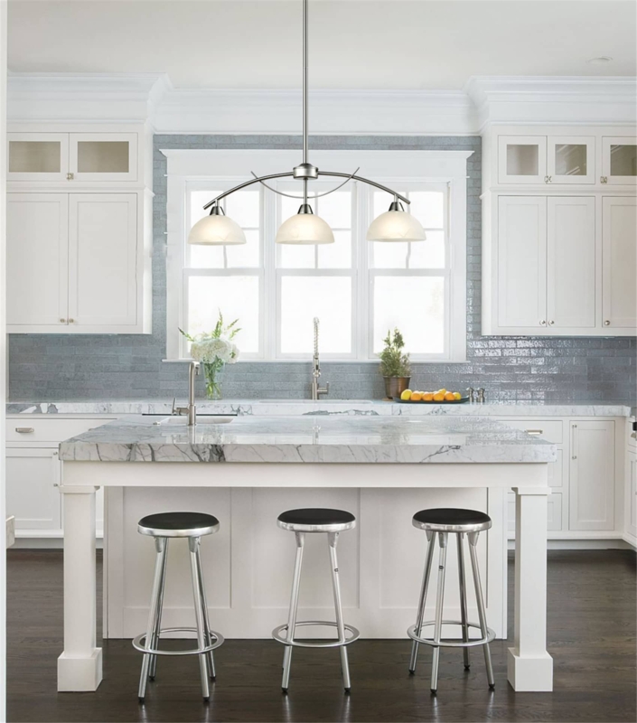 Pendant Light, Seeded Glass, Linear Profile, Brushed Nickel Island Pendant Light