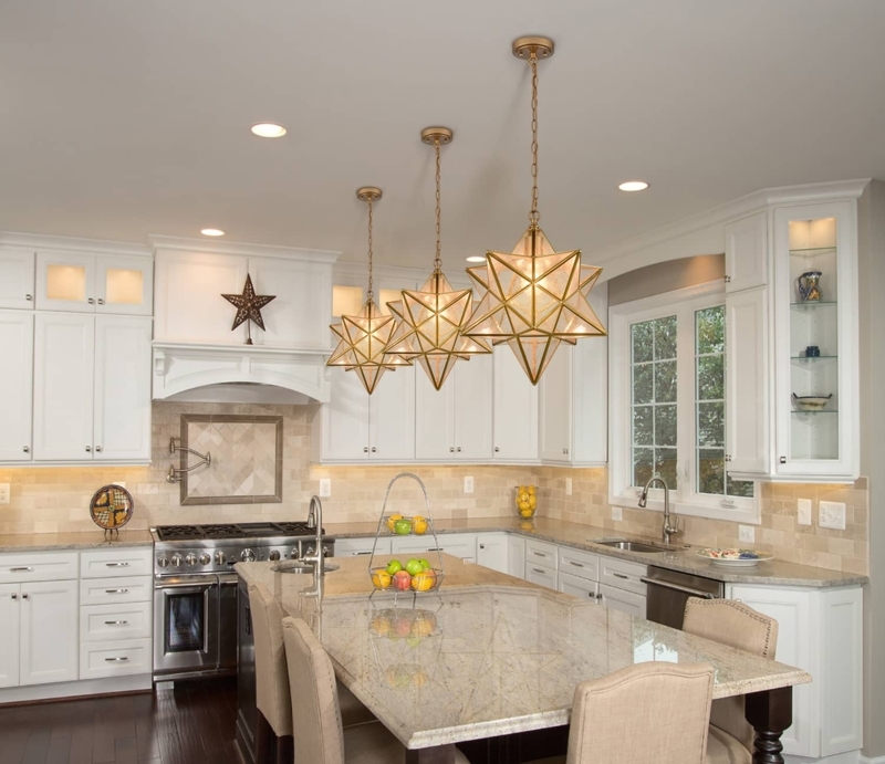 Pendant Light: Seeded Glass Moravian Star Shape, Polished Brass