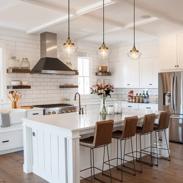 Pendant Light Seeded Glass Shade Black Gold Schoolhouse Style Kitchen