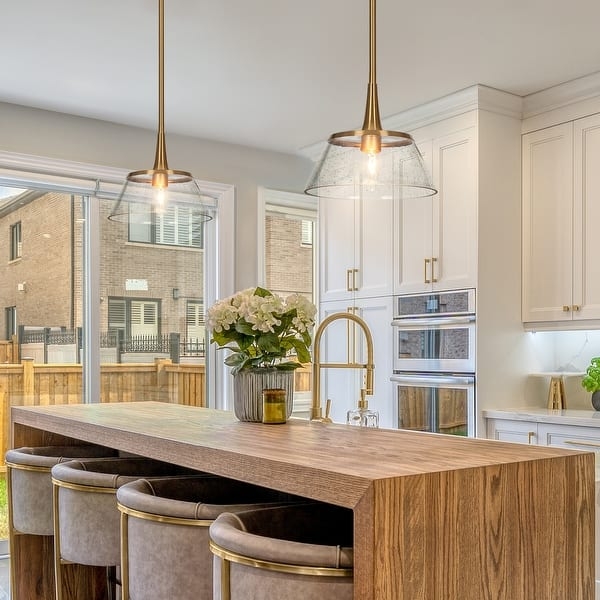 Pendant Light Seeded Glass Shade Gold-Toned Teardrop Kitchen Island