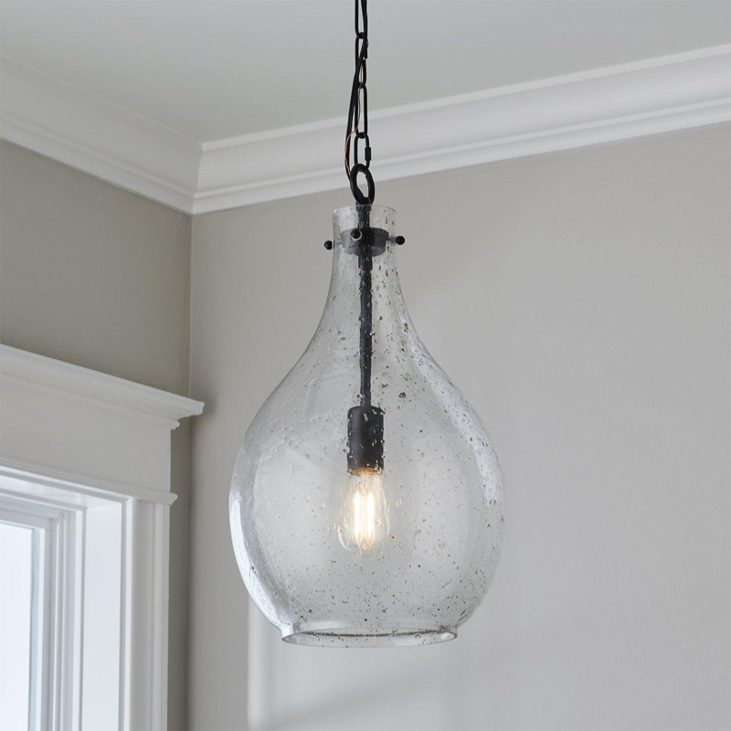 Pendant Light: Seeded Raindrop Silhouette, Matte Black Cap