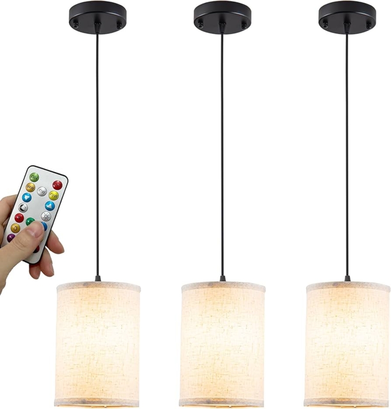 Pendant Light Set: Battery Operated, White Fabric Dome Kitchen Lights
