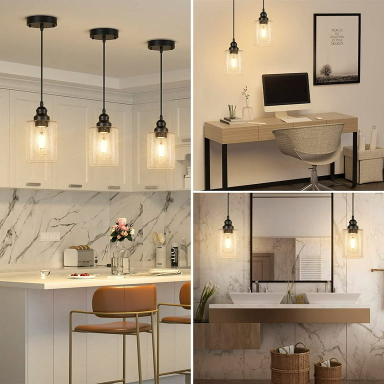 Pendant Light Set Clear Glass Shades Matte Black 3 Pack Farmhouse