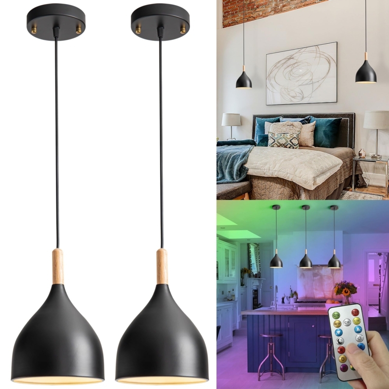 Pendant Light Set: Matte Black Bowls with Wood Topper and Rope Cord
