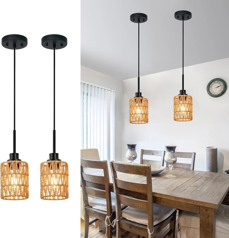 Pendant Light Set of 2 Woven Rattan Domes with Black Hardware