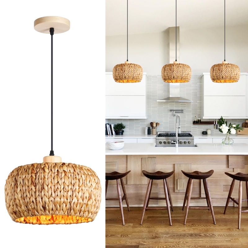 Pendant Light Set of 3 Hand-Woven Seagrass Dome for Kitchen Island
