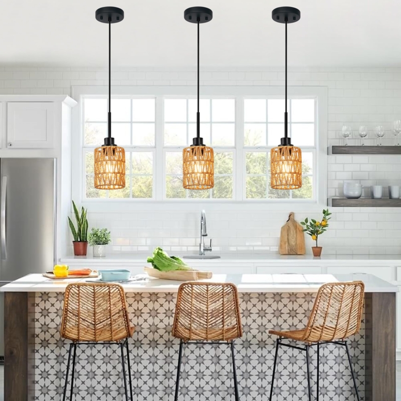Pendant Light Set of 3 Woven Rattan Cylinders with Black Rim Accents