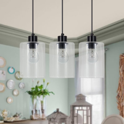 Pendant Light Set of Three Bell Shaped Clear Glass Industrial