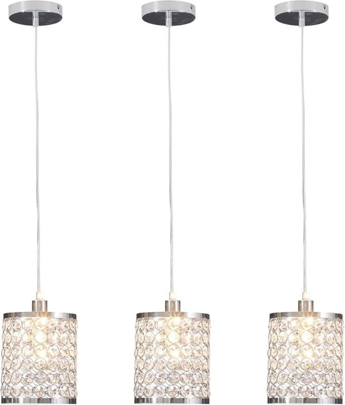 Pendant Light Set of Three Faceted Crystal Sphere Polished Chrome
