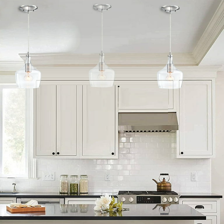 Pendant Light Set of Three with Glass Teardrop Shades and Nickel Finish