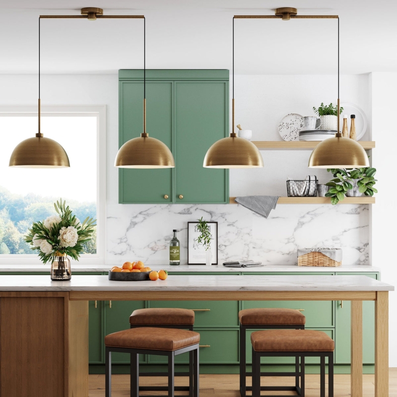 Pendant Light Set of Two Brushed Brass Dome Shades Minimalist Kitchen