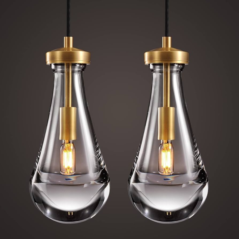 Pendant Light Set of Two Raindrop Glass Shades with Brushed Brass Finish