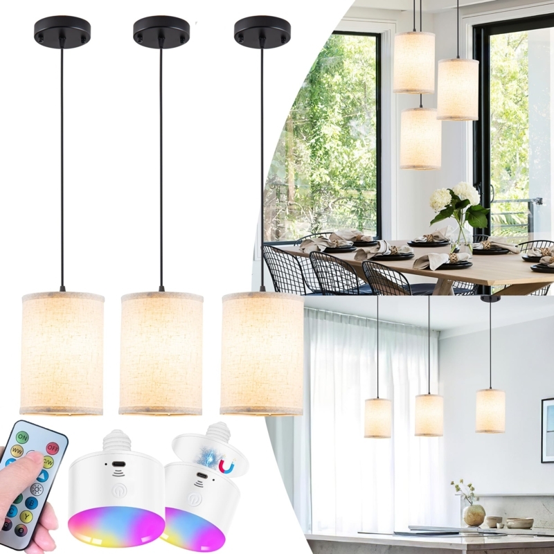 Pendant Light Set: White Fabric Drum Shades, Wireless Battery Operated