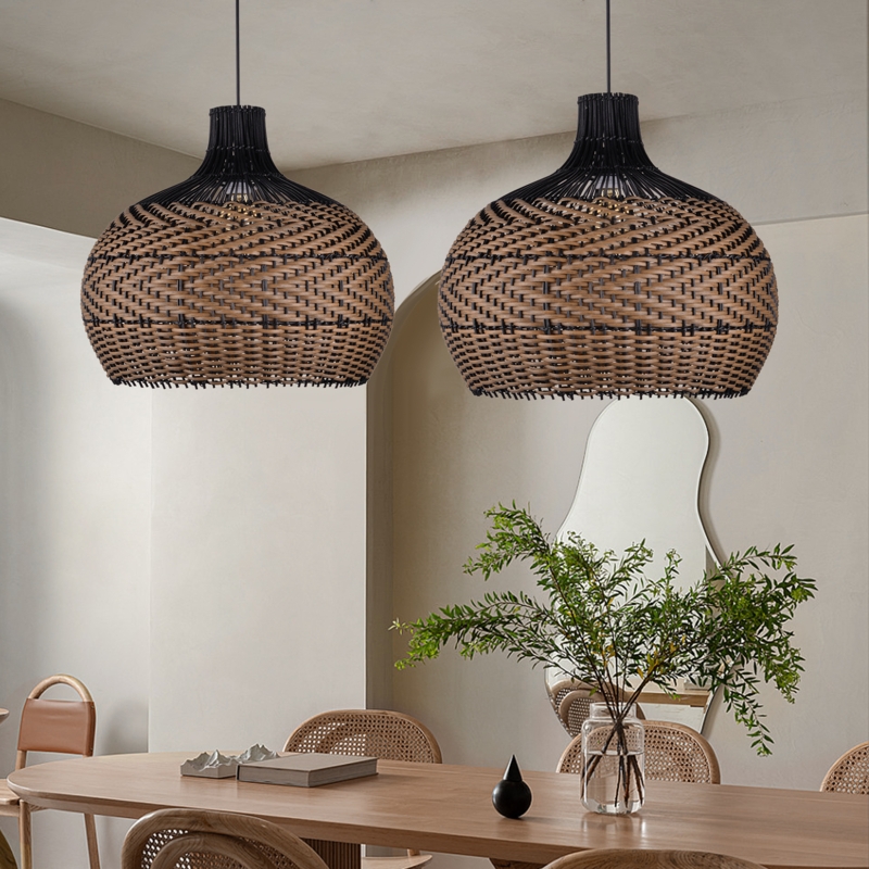 Pendant Light Shade: Woven Rattan with Black & Brown Horizontal Stripes