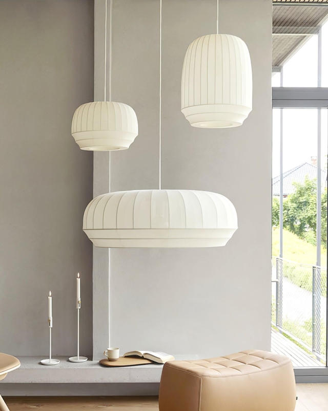 Pendant Light Shallow Conical Ribbed Fabric Shade Oversized Japandi