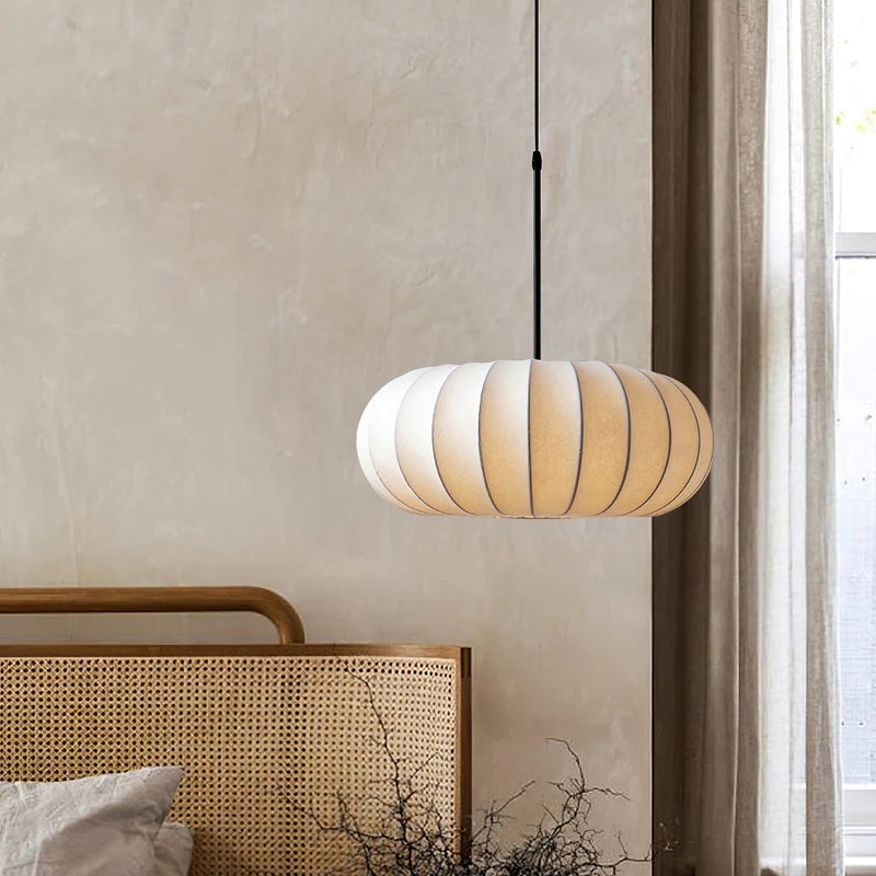Pendant Light Silk-Like Fabric Drum Shade Brass Canopy Contrast